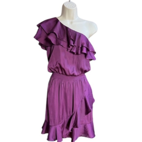 White House Black Market Sz 6 Ruffled One Shoulder Purple Blouson Cocktail Dress - Picture 2 of 11